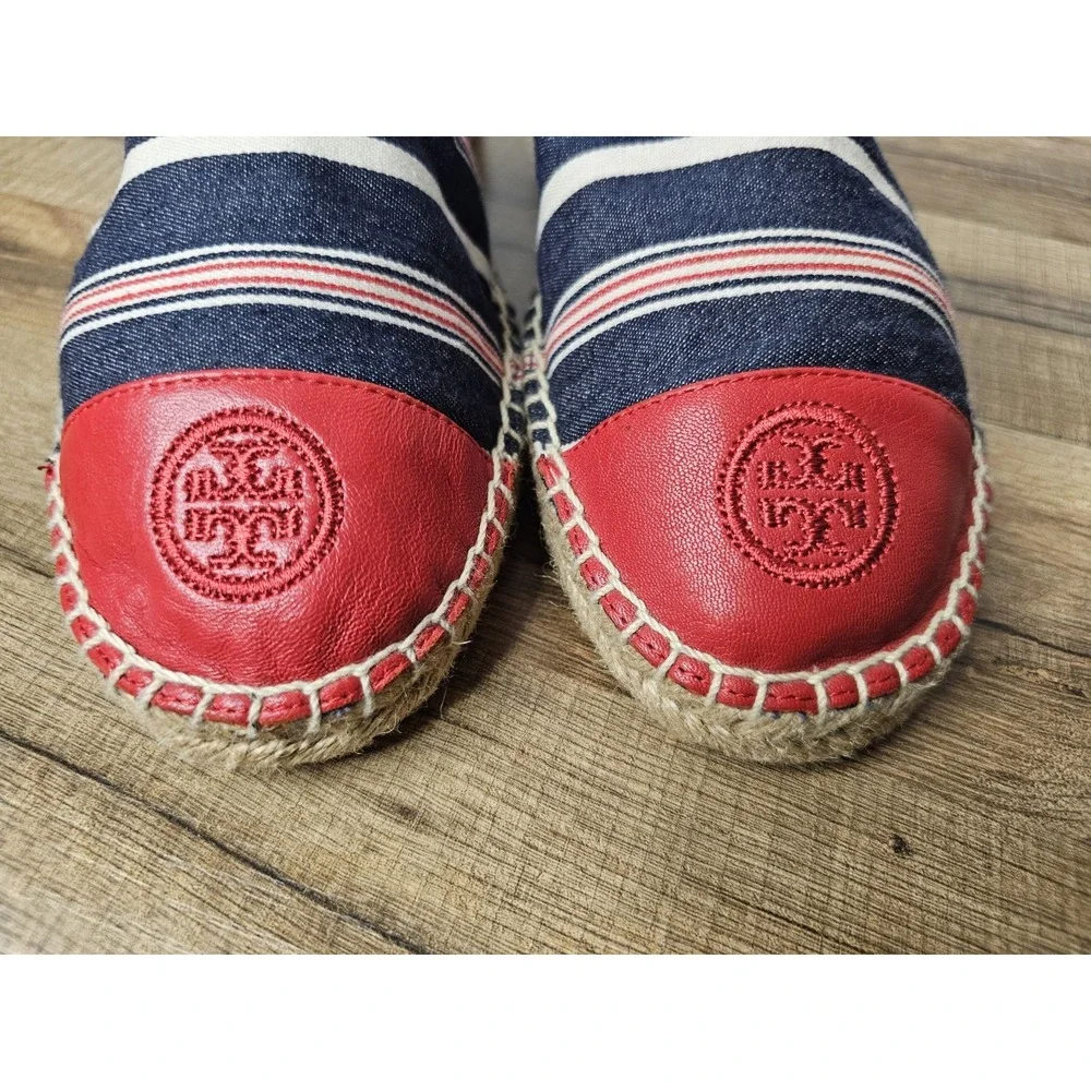 Tory Burch Red Blue White Stripe Cap Toe Leather Espadrilles 10.5 Nautical